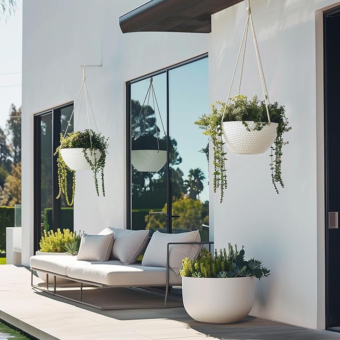 LA JOLIE MUSE Hanging Planters for Outdoor Plants, Large Hanging Planter with Drain Holes, Outdoor Hanging Flower Pots, White Stone, Honeycomb (13.2 Inch, Set of 2)