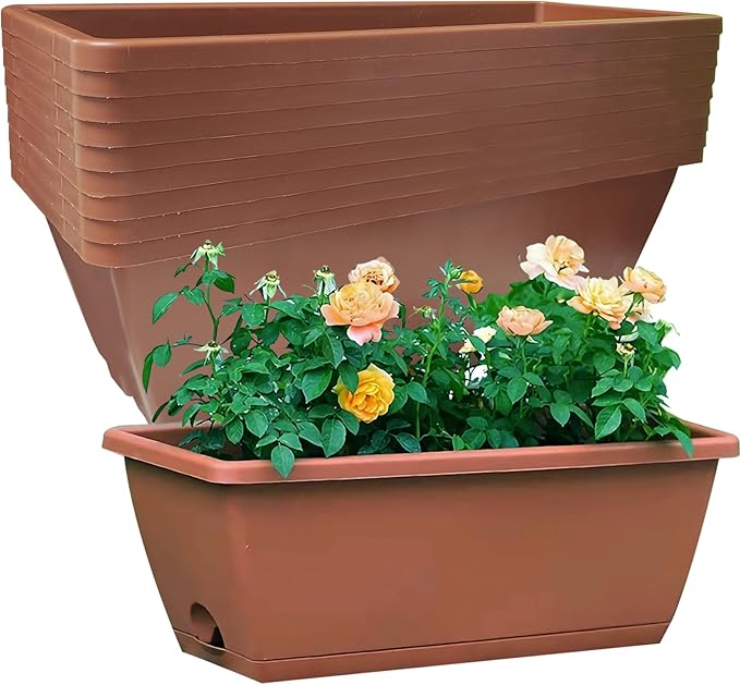 QPEY Window Box Planter, 10 Pack 17 Inch Plastic Flower Box with Tray Rectangular Planters for Outdoor Indoor Plants Garden Home Decor (red)