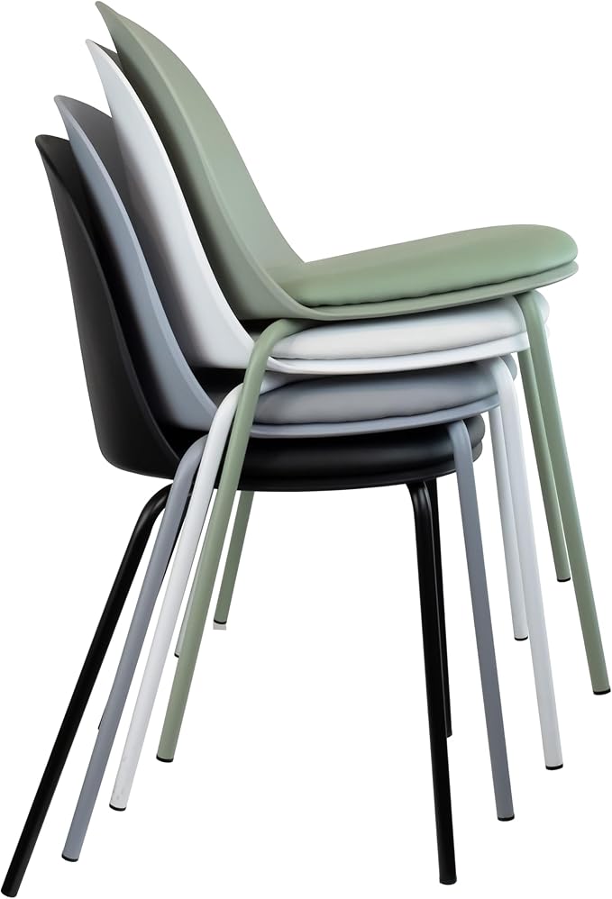 2xhome Modern Stackable Armless Dining Chair | Plastic Shell Seat with Metal Legs | Indoor or Outdoor Use | Home Kitchen Patio (4, White, Padded Seat)