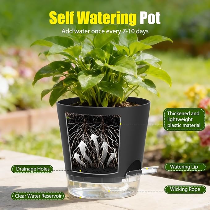 Plant Pots 8 Inch Self Watering Pots, 2 Pack Plastic Planters with Drainage Holes and Clear Saucers,Plastic Flower Pots for Indoor Out Door Plants (Black)