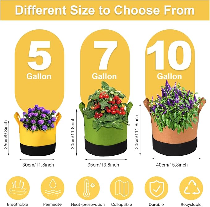 Grow Bags 5 Gallon,6 Pack Fabric Plant Pots with Handles Planter Bag for Outdoor Garden Planting Vegetables Flowers Fruit