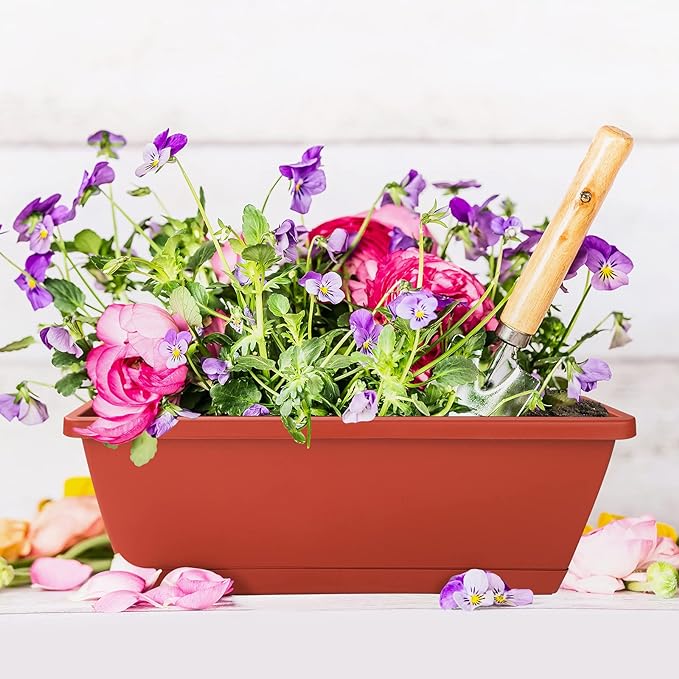 Window Box Planter, 7 Pack Plastic Vegetable Flower Planters Boxes 17 Inches Rectangular Flower Pots with Saucers for Indoor Outdoor Garden, Patio, Home Decor (Red)