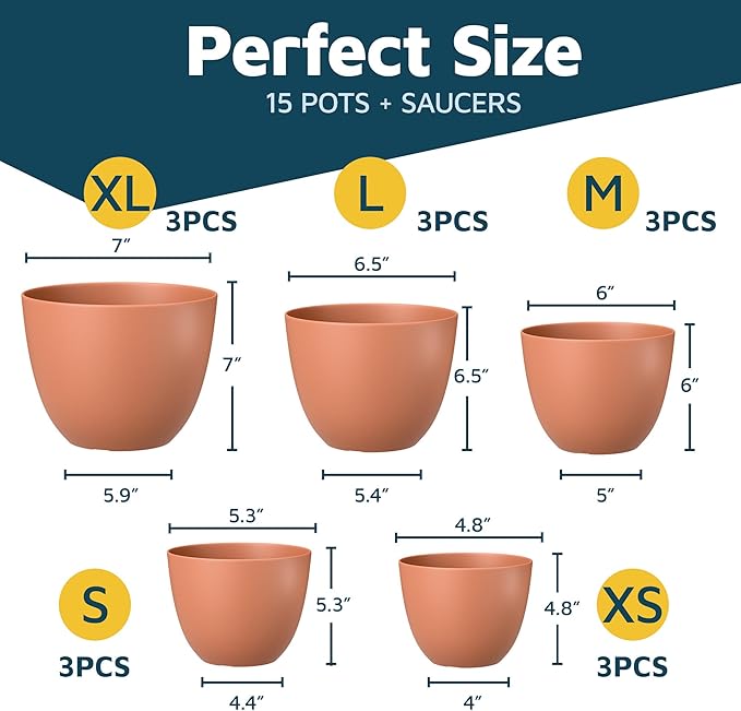 Terracotta Plant Pots with Drainage Holes & Saucers 15 Pack, Indoor & Outdoor Stackable Space-Saving Planters for Houseplants & Flowers, (7", 6.7", 6", 5.3", and 4.8" Inches), Durable & Weatherproof