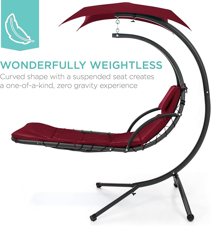 Best Choice Products Outdoor Hanging Curved Steel Chaise Lounge Chair Swing w/Built-in Pillow and Removable Canopy - Burgundy