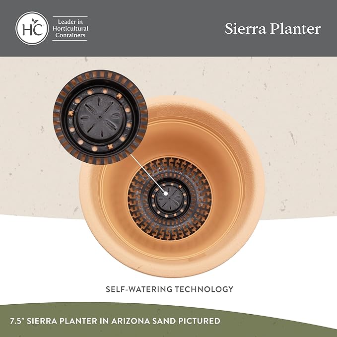 The HC Companies Sierra Round Self-Watering Pot - Lightweight Plastic Planter for Herbs & More - Durable Plant Pots for Indoor Plants & Outdoor Plants (10” Arizona Sand, Pack of 1)