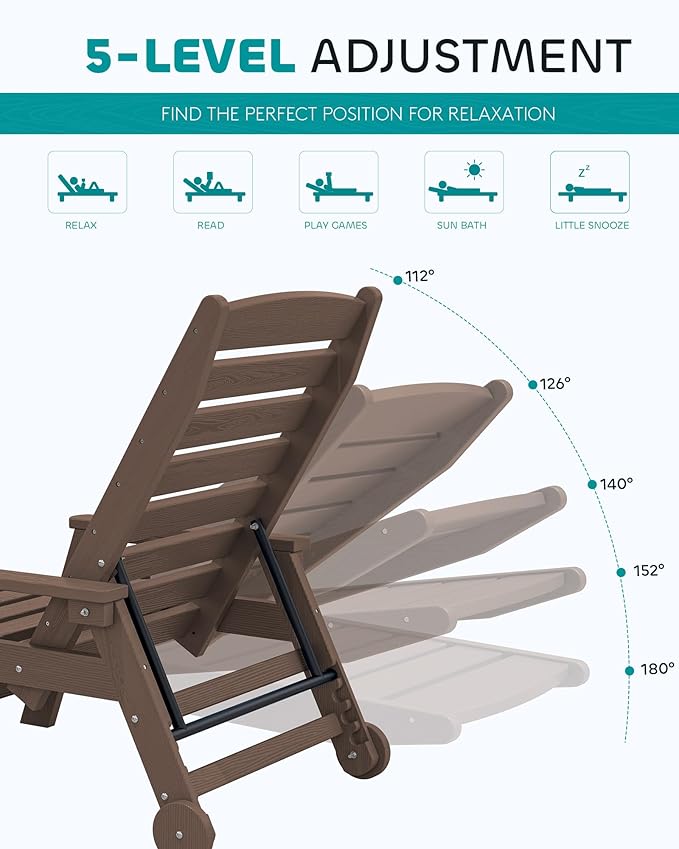 SERWALL Patio Chaise Lounge Chair, 78'' Long HDPE 5 Positions Adjustable Outdoor Lounger, Poly Lounge Chair with Rolling Wheels & Cup Holder for Pool, Coffee Brown