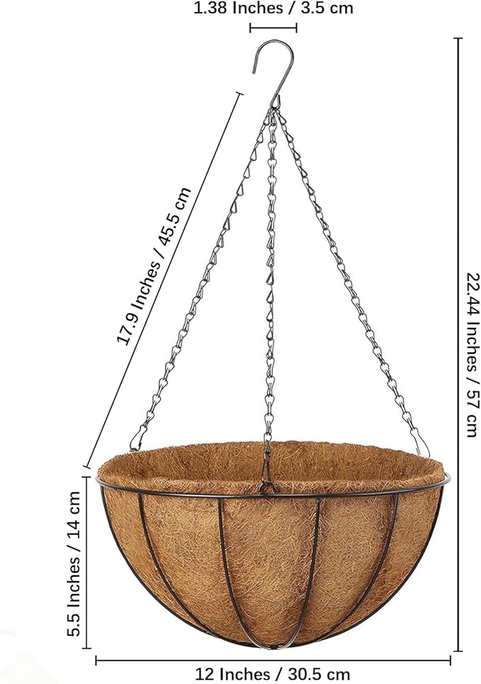 Hanging Baskets Planter for Plants - 2 Pack 12 Inch Metal Baskets with Coco Coir Liner, Hanging Flower Pots for Outside with Chain, Indoor Outdoor Garden Porch Decoration (12'' Pack of 2)