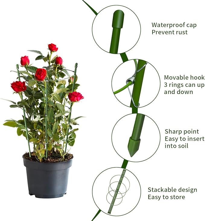 8 Pack Tomato Cage for Garden Plant Support, 18 inches Small Tomato Cages Tomato Trellis with Adjustable Rings, Plant Stakes for Peony Support, Tomato Stakes Rings for Climbing Plants