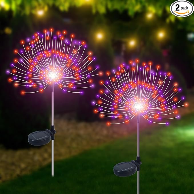 Solar Garden Lights Outdoor Waterproof, 2 Pack 120 LED Solar Firework Lights Decorative Garden Décor Outside for Flowerbed Pathway Party Halloween Christmas Decorations, Purple + Orange