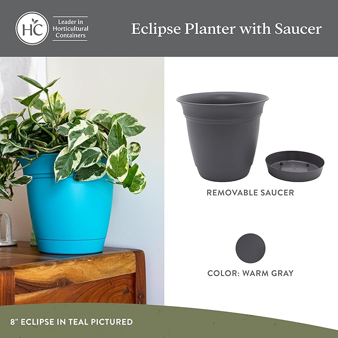 The HC Companies 10 Inch Eclipse Round Planter Pots with Drainage Holes & Attached Saucer, Lightweight UV-Resistant Plastic Indoor & Outdoor Planters, 2-Pack Flower Pots, Garden Home Decor, Warm Gray