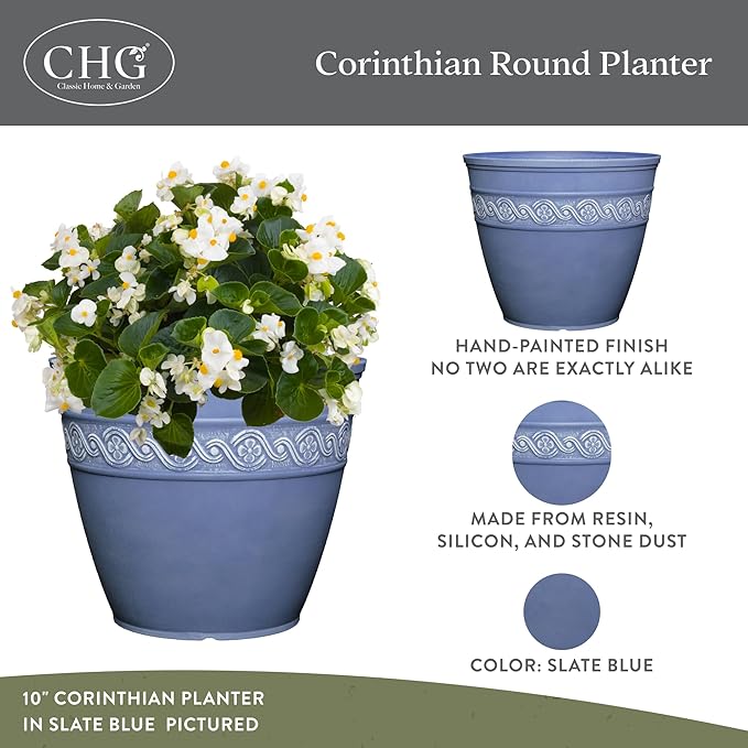 Classic Home and Garden Corinthian Round Resin Flower Planter Pot, Slate Blue 8" (Pack of 3)