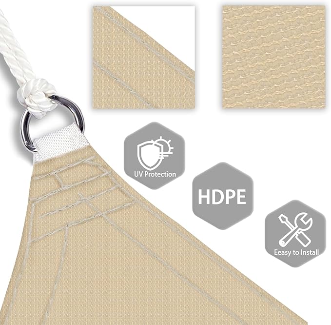 Patio Paradise 2' x 2' x 2' Sun Shade Sail Triangle Canopy Shade Cloth Fabric Sunlight Block Patio Pergola Cover HDPE Deck Awning for Outdoor Backyard Roof Shading, Sand