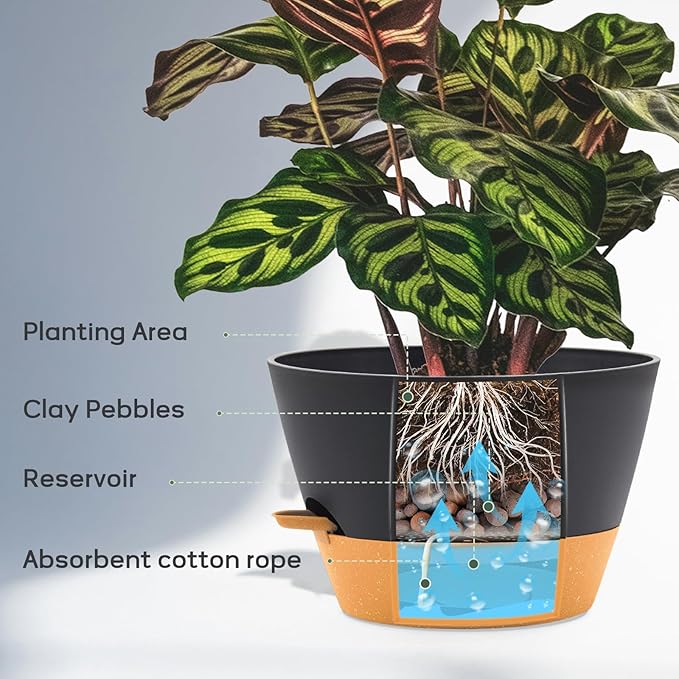 12-Inch Self Watering Planters with Drainage Holes, Large Flower Pots for Indoor Outdoor Plants, Garden Pots Grey 2 Pack