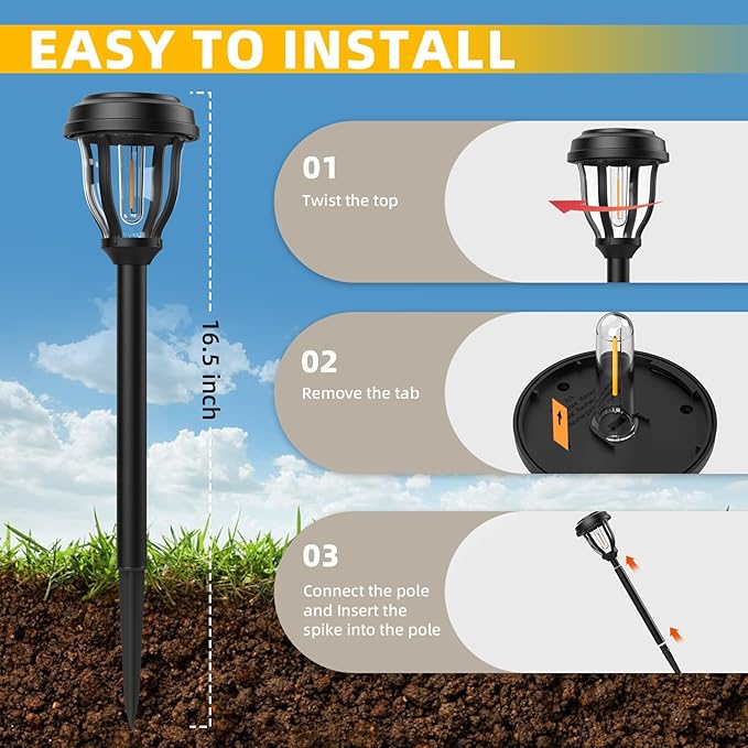 DERAYSION 12 Pack Solar Lights Outdoor, Solar Pathway Lights Auto On/Off Waterproof Garden Landscape Lighting for Path, Yard, Walkway, Driveway, Cold White