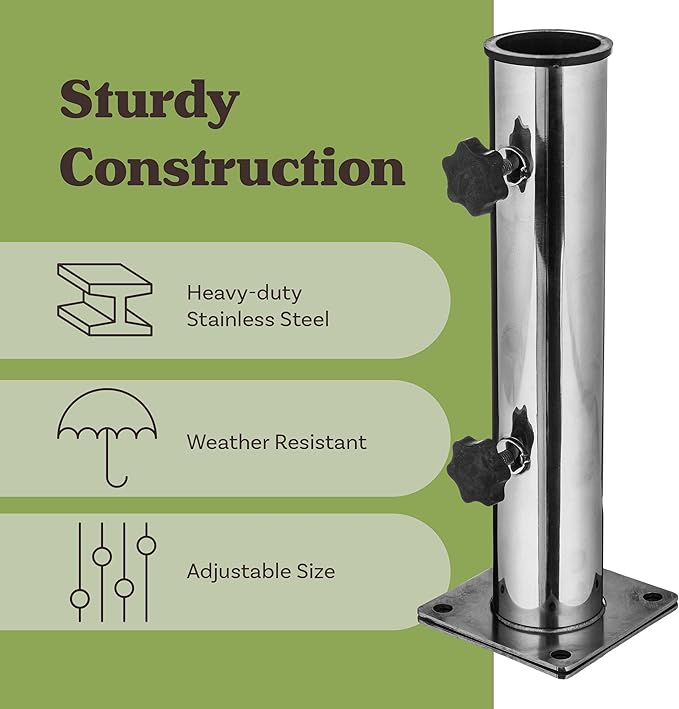 Pure Garden Deck Umbrella Base - Adjustable Inground Umbrella Stand for 1.25-2.2in Diameter Pole - Flagpole Holder or Patio Umbrella Stand (Silver)