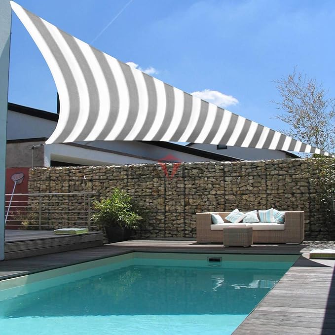 Patio Paradise 9' x 9' x 9' Sun Shade Sail Triangle Canopy Shade Cloth Fabric Sunlight Block Patio Pergola Cover HDPE Deck Awning for Outdoor Backyard Roof Shading, Gray White Strip