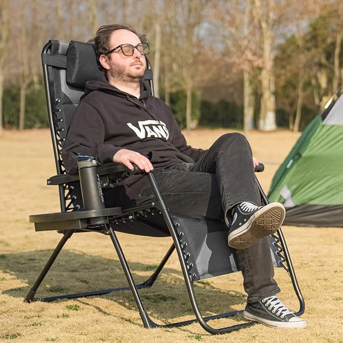 Zero Gravity Chair Oversized Padded Recliner with Adjustable Headrest & Cup Holder - XL 600D Oxford Folding Lounge Chair for Outdoor Camping, Patio, Poolside (Black & Gray)