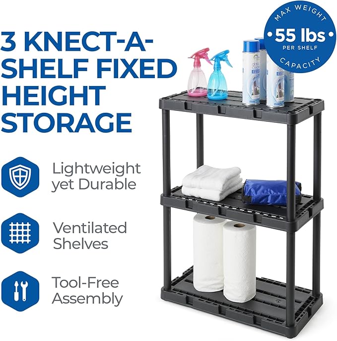 Gracious Living 2 Pack Light Duty Storage Shelves, Knect-A-Shelf 3-Shelf Ventilated Shelving Rack Organizer for Home, Garage, Basement, Laundry, Black