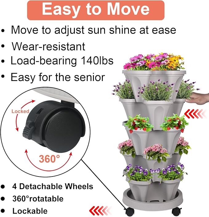 GameXcel Vertical Planter 7 Tier Stackable Planters Garden Planters Strawberry Herb Flower and Vegetable Planter Indoor Outdoor Gardening Pots with Removable Wheels and Tools 2-Pack