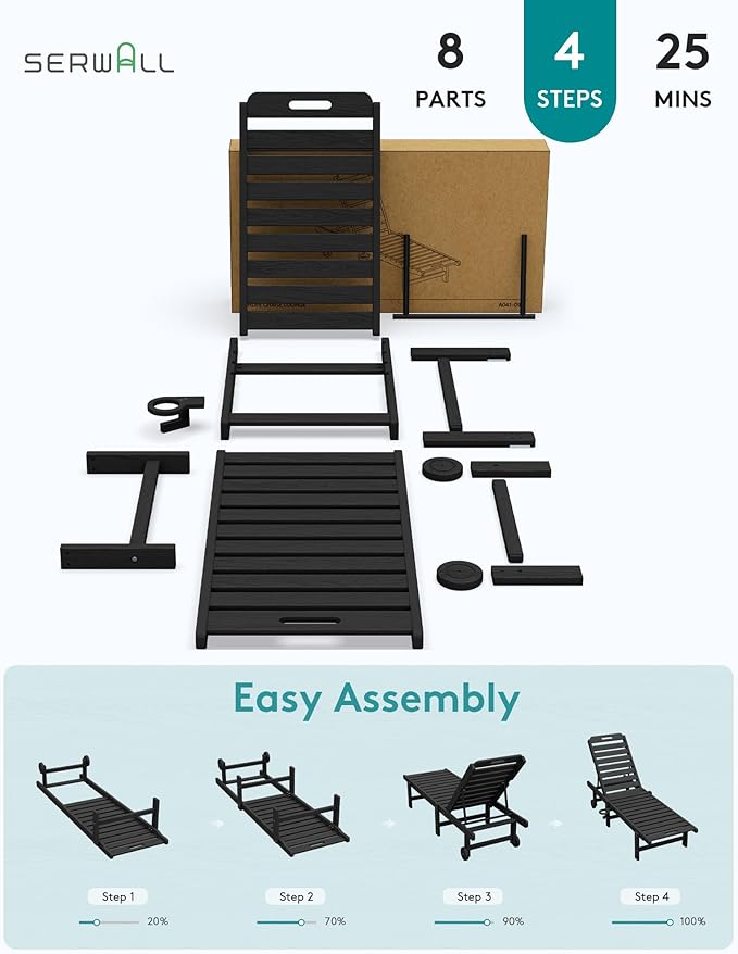 SERWALL Patio Chaise Lounge Chair Set of 4, HDPE Outdoor Lounge Chair with Cup Holder, 5 Positions Adjustable Poly Lounger with Rolling Wheels for Poolside, Deck, Sunbathing, Black