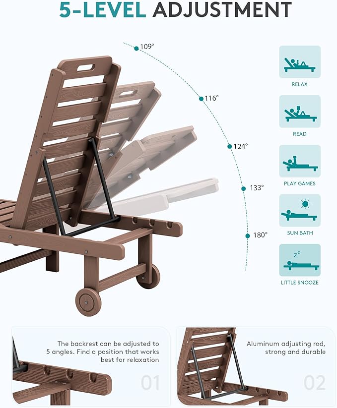 SERWALL Patio Chaise Lounge, HDPE Outdoor Lounge Chair with Cup Holder, 5 Positions Adjustable Poly Lounger with Rolling Wheels for Poolside, Deck, Sunbathing, Brown
