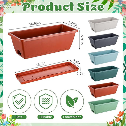 12 Pack Window Box Planter 17 Inches Rectangular Vegetable Flower Planters with Drainage Holes and Saucers Plastic Flower Pots Coloful Herb Planter for Indoor Outdoor Patio Garden Home Decor