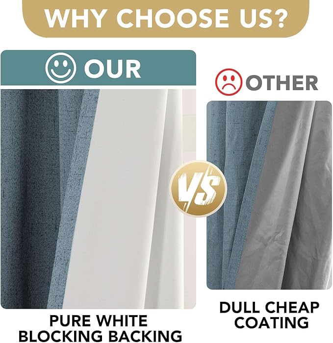 H.VERSAILTEX Primitive Linen Curtains 100% Blackout Curtain Drapes Burlap Curtains with White Thermal Insulated Liner, Grommet Top Drapes Living Room/Bedroom (2 Panels, 42 x 45 Inch, Stone Blue)