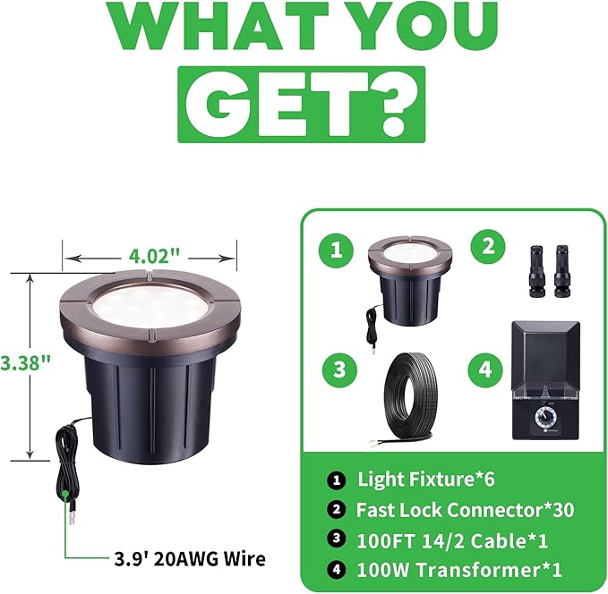 LED Well Light Kit, 6 Pack In Ground Landscape Lights and 100W Transformer and 100FT Cable and 30 Wire Connectors, 12V IP67 Waterproof Aluminum for Patio Pathway Lawn 6W 580LM