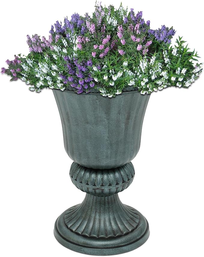 Athena Collection 20''H Garden Plastic Urn Vintage Tall Planter Urn Patio Large Flower Pot Porch Planter Large Planter for Indoor Outdoor Plant, Dark Green