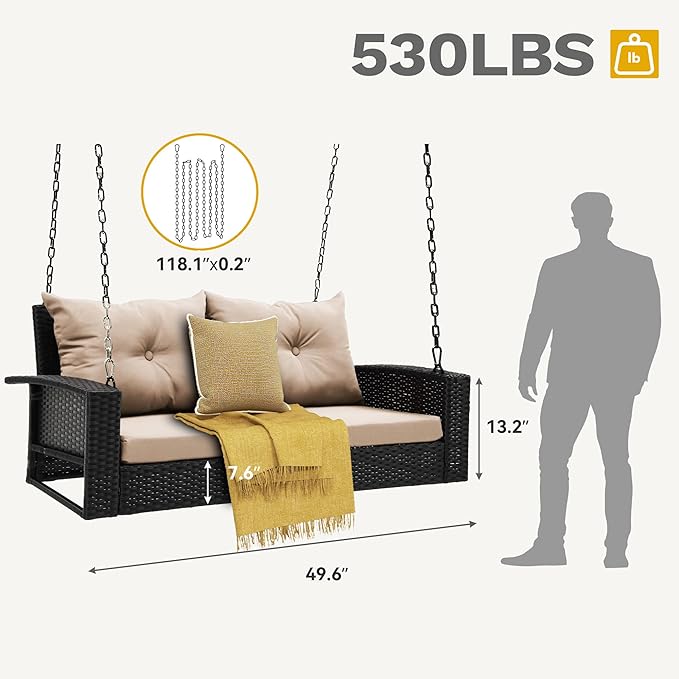 DWVO Wicker Hanging Porch Swing Chair Outdoor Brown Rattan Patio Swing Lounge w/ 2 Back Cushions Capacity 530lbs for Garden, Balcony, Living Room, Beige