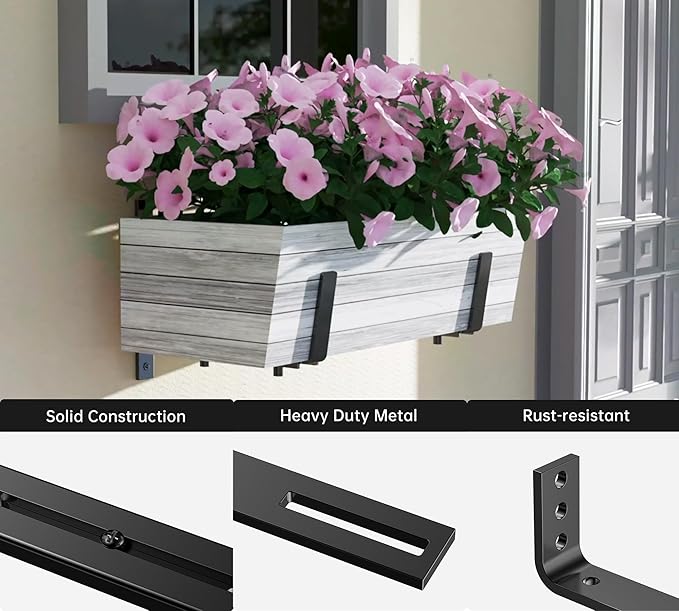 Y&M 2 Pack Adjustable Planter Box Brackets (6 to 12.5 in), Universal Window Box Brackets, Heavy Duty Iron Flower Box Wall Mounting Hooks for Balcony, Fences, Patio, and Garden - Black