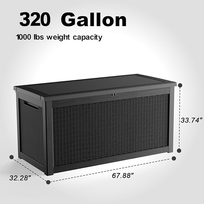 320 Gallon Waterproof Outdoor Storage Box,Large Resin Deck Box,Lockable Outside Storage Box Container for Patio Furniure,Garden,Tools (320 Gallon,Black)