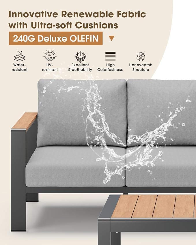 Aluminum Outdoor Patio Furniture Set 8 Seats, Outdoor Sectional Corner Sofa, Patio Conversation Sets with Coffee Table & Washable Thick Cushions, Outdoor Furniture for Backyard, Porch, Gray