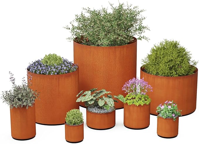 PLANTERCRAFT Corten Steel Metal Planter Box, Round Sizes, Modern Garden Steel planters for Commercial and Residential Outdoor Use.