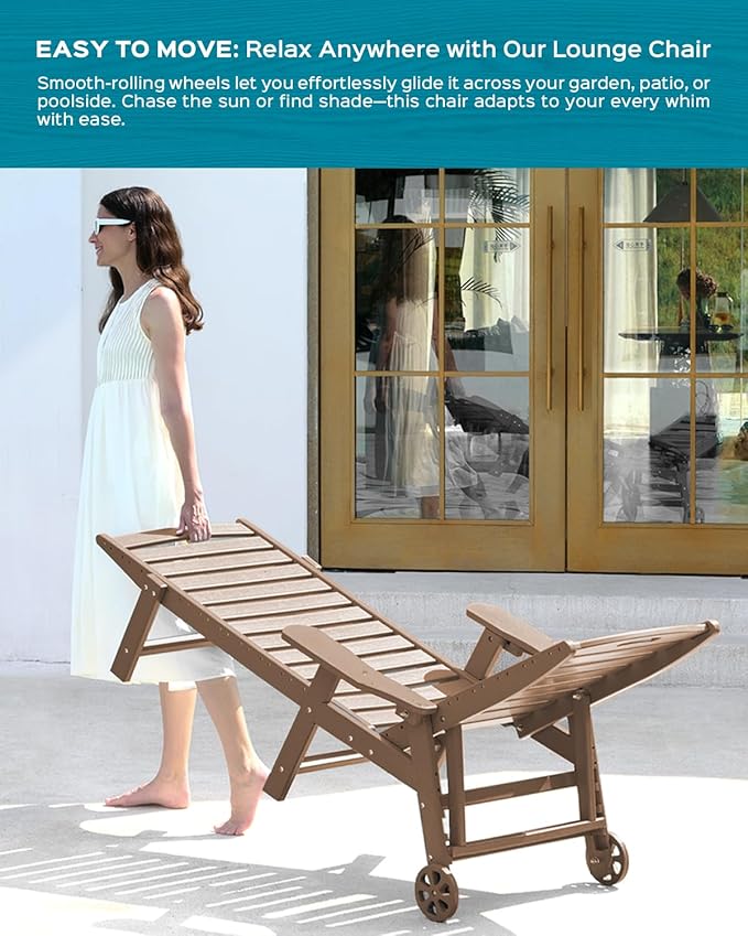 Ciokea Outdoor Lounge Chair Set of 4, All Weather Patio Chaise Lounge Chairs for Outside, HDPE Chair with Rolling Wheels & Cup Holder, 5 Position, Deck, Pool, Brown