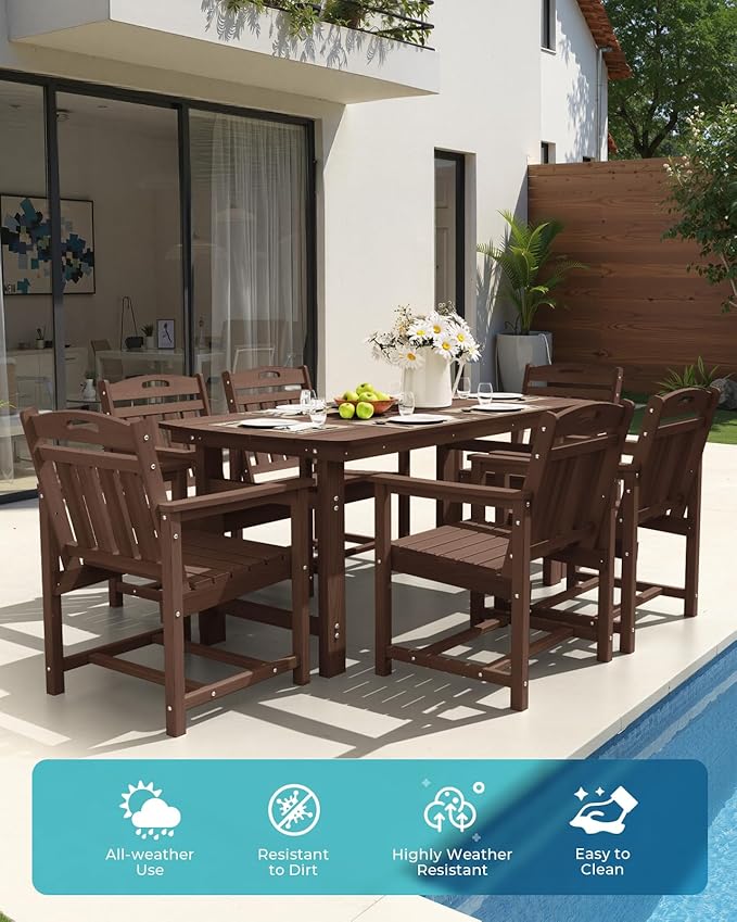 Ciokea HDPE Outdoor Dining Table with Umbrella Hole,66" Rectangle Patio Table for 6,All-Weather Outdoor Patio Furniture Set for Garden Backyard,Brown