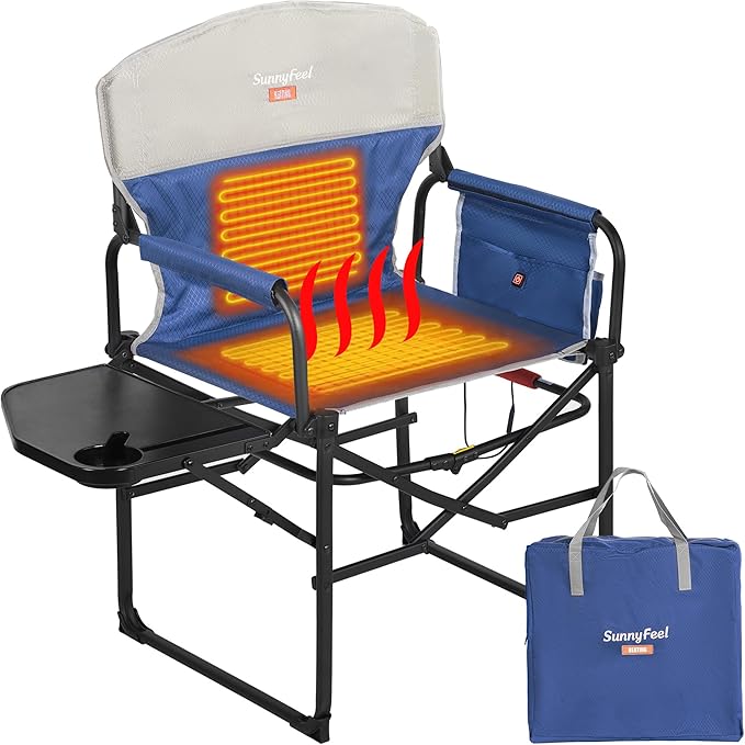 SUNNYFEEL Heated Camping Directors Chair, Heavy Duty,Oversized Outdoor Portable Heating Folding Chair with Side Table, Pocket for Beach, Fishing,Trip,Picnic,Lawn,Concert Foldable Camp Chairs