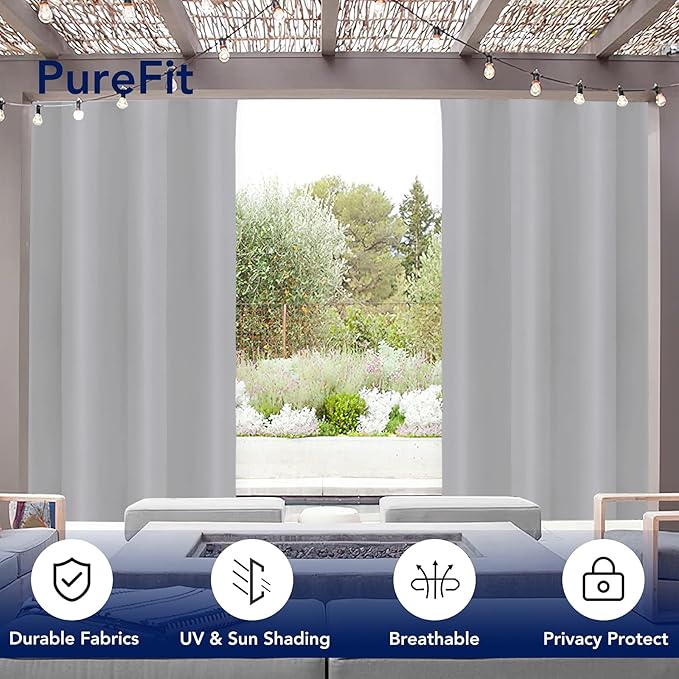 PureFit Outdoor Curtains for Patio Waterproof Weatherproof, UV Resistant Outside Curtains for Gazebo, Front Porch, Pergola, Sun Blocking Privacy Curtain, 52W x 84L inch, 1 Panel, Light Gray