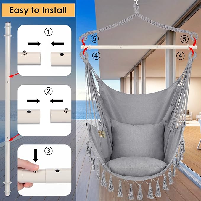 Y- STOP Hammock Chair Hanging Rope Swing, Max 500 Lbs, 2 Cushions Included, Large Macrame Hanging Chair with Pocket for Superior Comfort, with Hardware Kit (Light Grey)