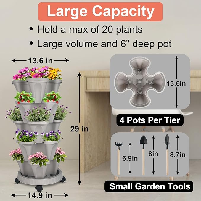 GameXcel Vertical Planter 7 Tier Stackable Planters Garden Planters Strawberry Herb Flower and Vegetable Planter Indoor Outdoor Gardening Pots with Removable Wheels and Tools 2-Pack