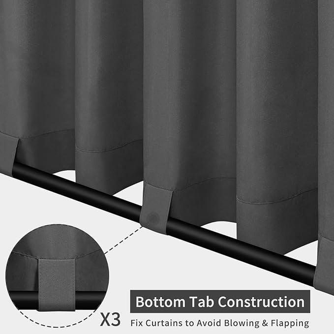Easy-Going Outdoor Patio Curtains Detachable Tab Top Windproof Weatherproof Curtain for Cabana, Porch, Pergola and Gazebo, Tab Bottom Drape, 2 Panels, 54W x 120L inch, Gray