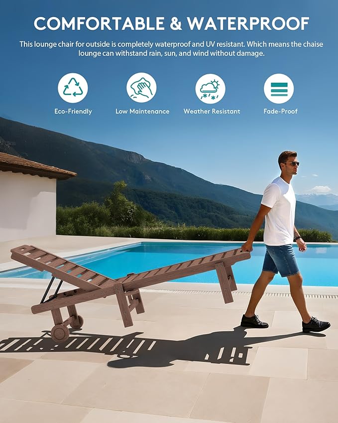 SERWALL Patio Chaise Lounge Set of 4, HDPE Outdoor Lounge Chair with Cup Holder, 5 Positions Adjustable Poly Lounger with Rolling Wheels for Poolside, Deck, Sunbathing, Brown