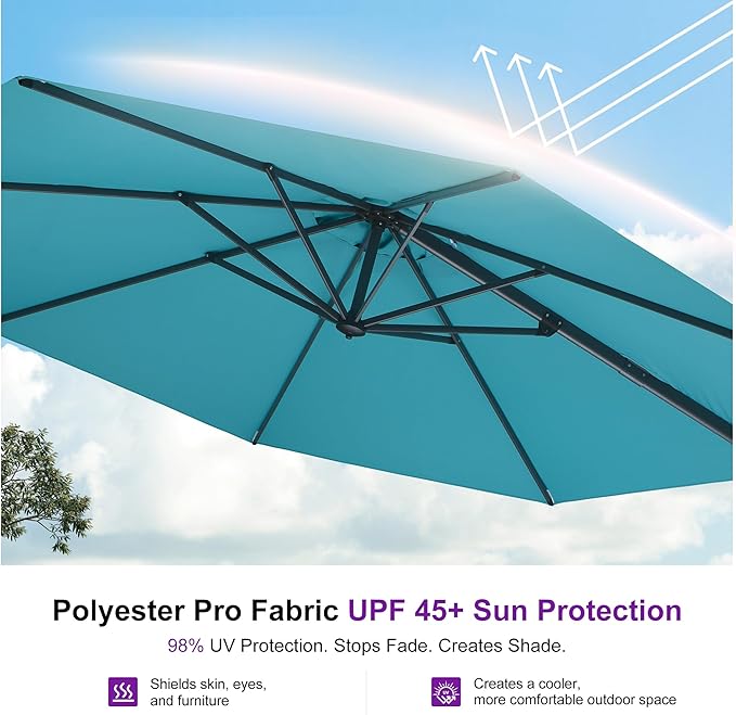 PURPLE LEAF 10 Feet Cantilever Umbrella with Base Outdoor Patio Round Umbrella Aluminum Offset with 360-degree Rotation for Garden Deck Pool Patio,Turquoise Blue