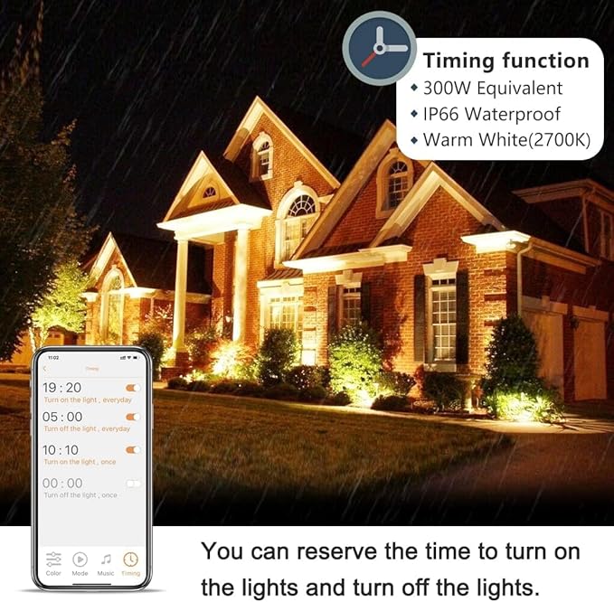Led Flood Light 30W, 300W Equivalent 3000 LM Outdoor Color Changing Led Stage Landscape Lights, Bluetooth RGBW Smart Floodlights 2700K & 16 Million Colors&Timing& Music Sync, IP66，US 3-Plug (2 Pack)