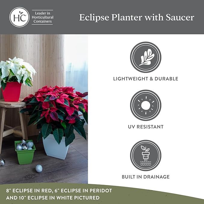 The HC Companies 12 Inch Eclipse Square Planter Pots with Drainage Holes & Attached Saucer, Lightweight UV-Resistant Plastic Indoor Outdoor Planters, 2-Pack Flower Pots, Garden Home Decor, Slate Blue