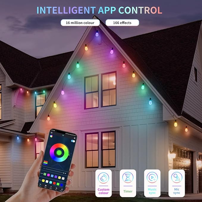 Outdoor String Lights 27FT, Outdoor Lights for Patio with 10 Dimmable RGBW LED Bulbs, IP66 Waterproof Shatterproof, with APP Control & Remote, 24V Adapter Color Change,for Backyard Decor