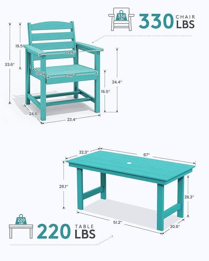SERWALL Outdoor Dining Set for 6, HDPE Dining Furniture Set with Umbrella Hole Cut-Out Table and 1 Dining Bench and 4 Chairs, All Weather Outdoor Dining Bench Sets, Aruba