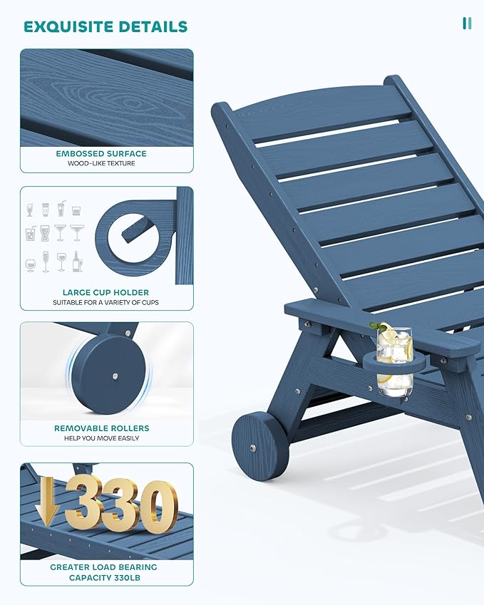 SERWALL Patio Chaise Lounge Chair Set of 2 with 9FT Patio Umbrella, 78'' HDPE Outdoor Lounger, Poly Lounge Chair with Rolling Wheels & Cup Holder for Pool,Blue (Umbreall Base not Included)