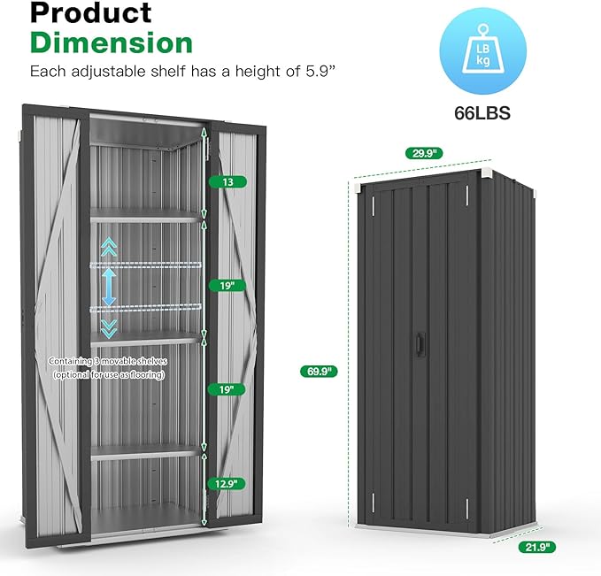 AECOJOY Outdoor Storage Cabinet, Outdoor Cabinets Waterproof with Shelves, Vertical Tall Garden Outdoor Cabinet, Sheds & Outdoor Storage Clearance Cabinet Weatherproof for Outside in Dark Grey