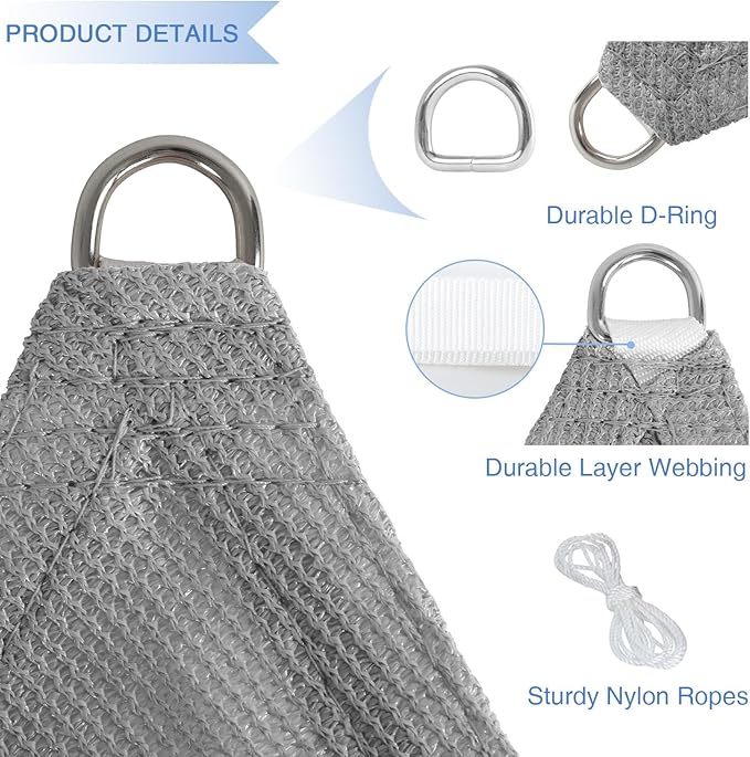 E&K Sunrise 5' x 5' x 5' Sun Shade Sail Triangle Canopy Shade Cover UV Block for Patio Backyard Garden Outdoor (Light Gray)